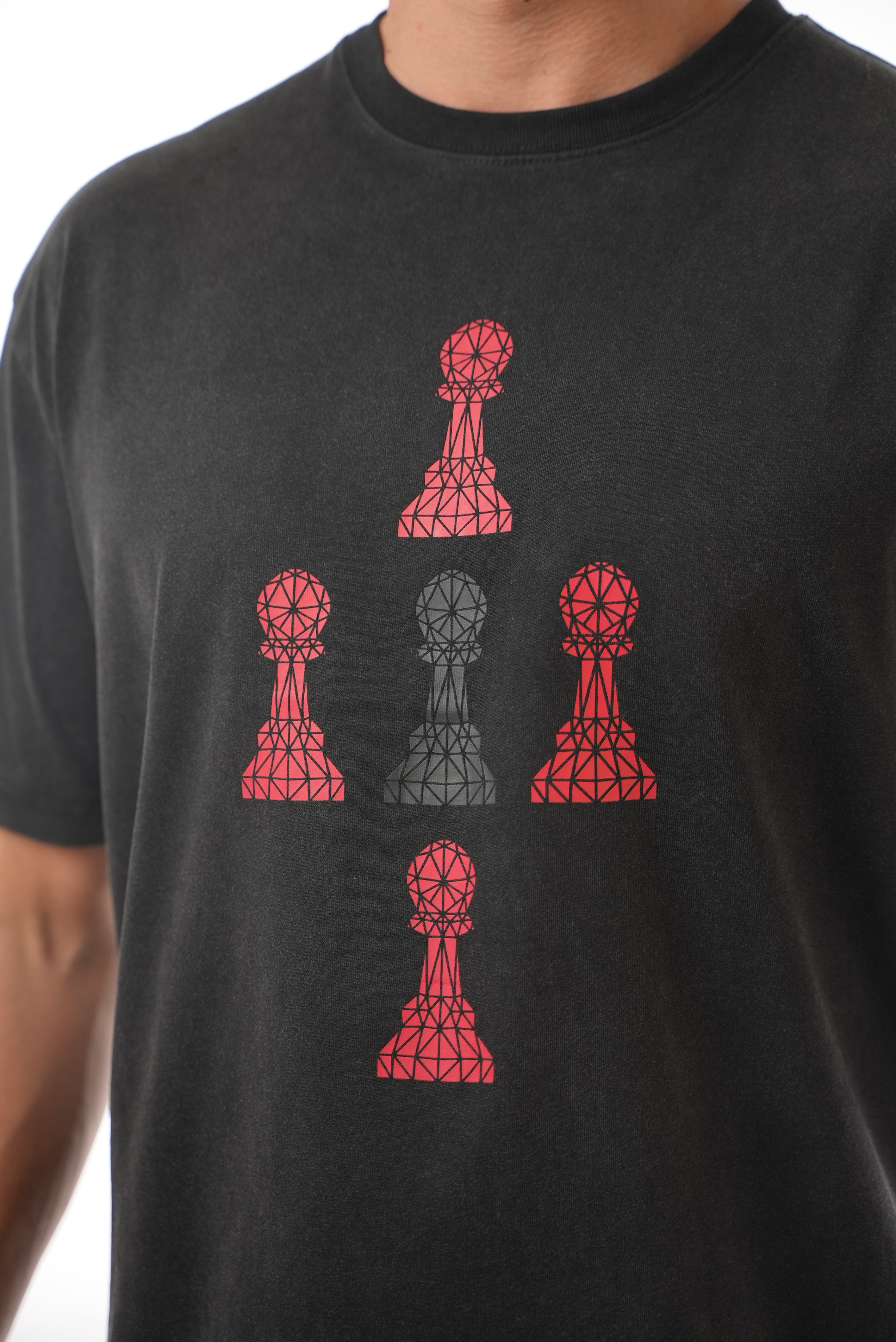 Oversized Stone Washed TRI Pawn 4 Red 1 Black Pawn TEE