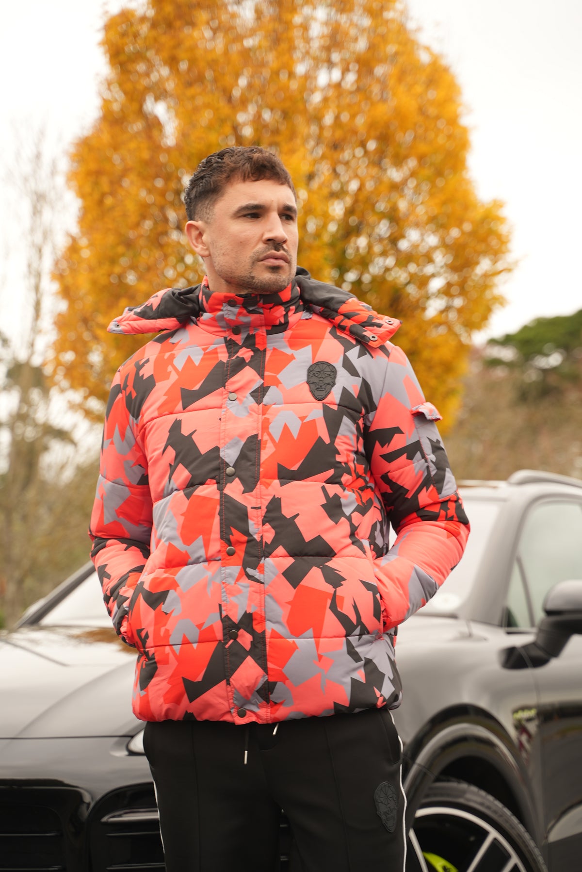 Red Skull Badge Camo Puffer Jacket