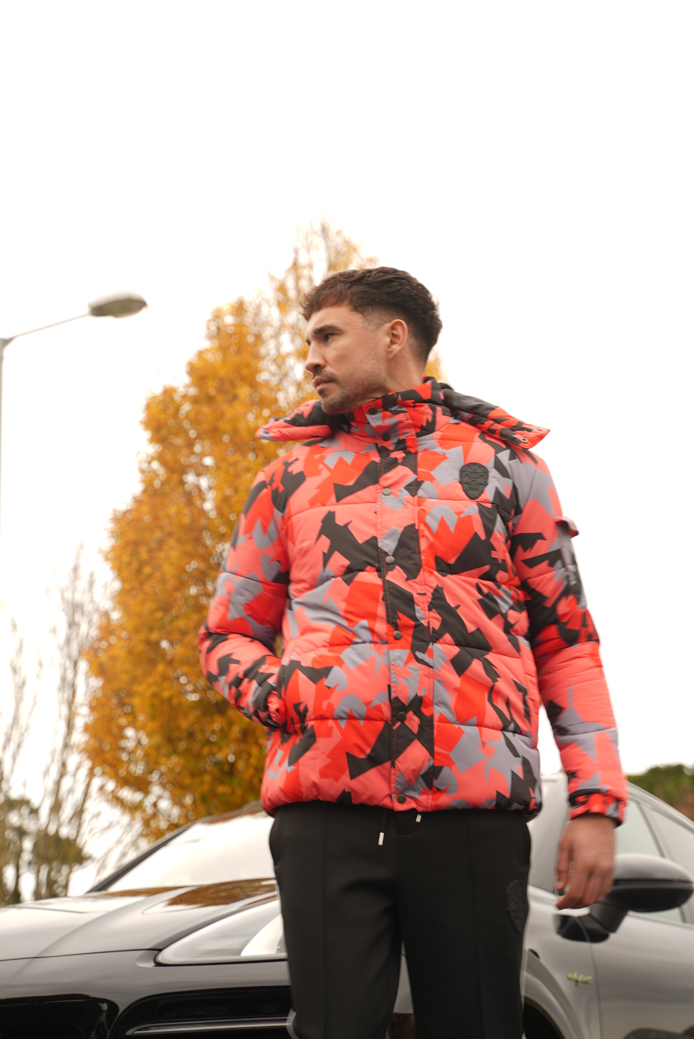 Red Skull Badge Camo Puffer Jacket