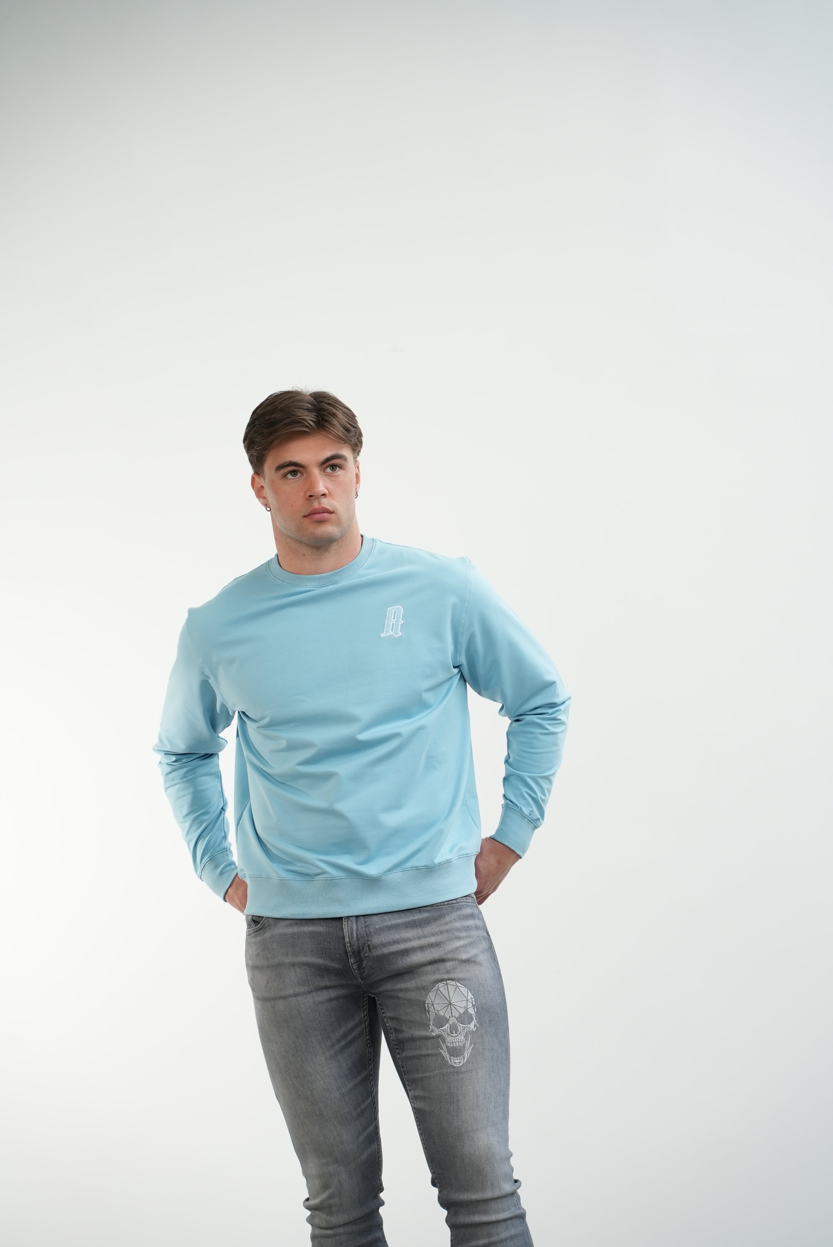 Embroidery A Crew Neck Jumper Baby Blue