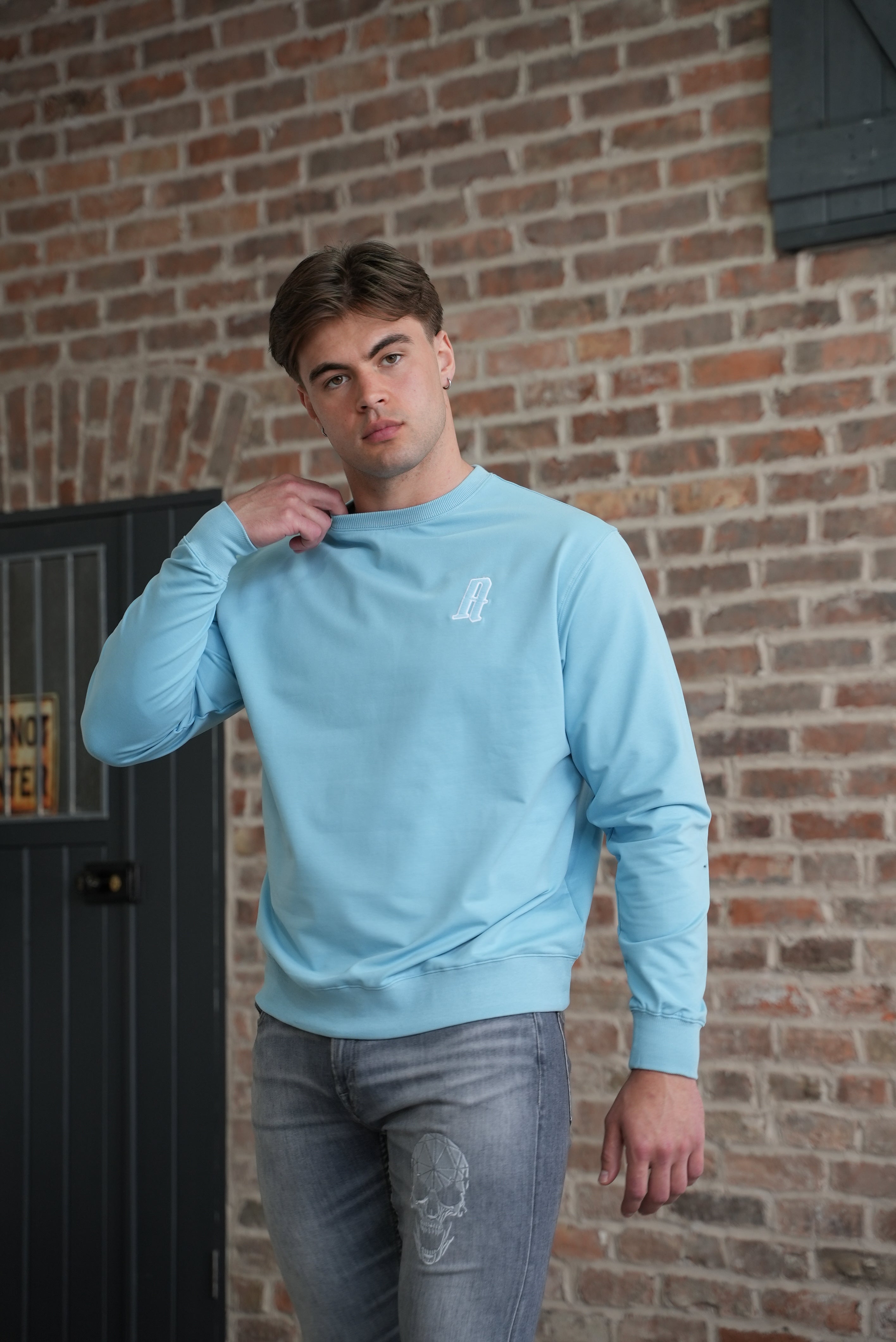 Embroidery A Crew Neck Jumper Baby Blue