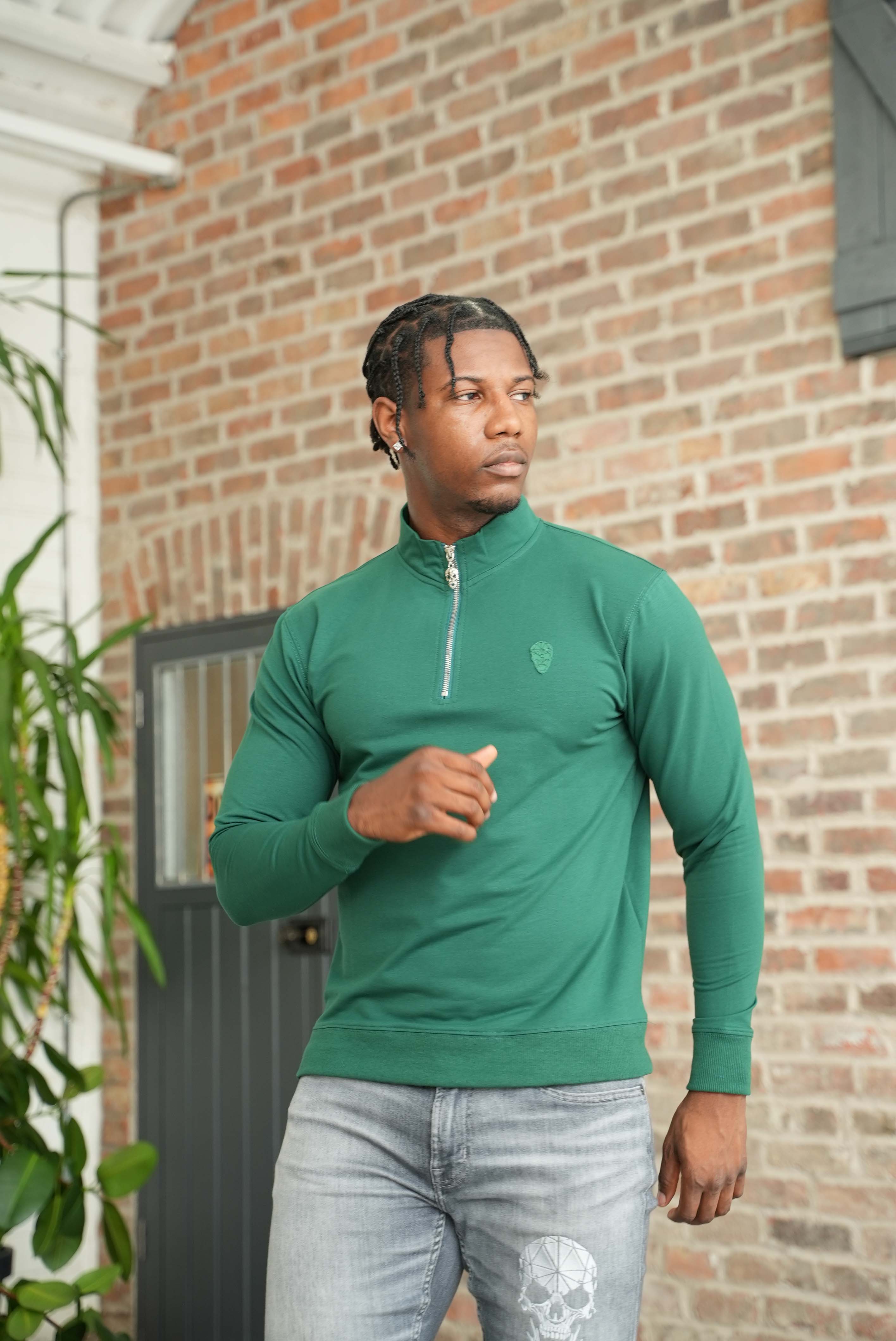 Men's Skull Badge Half Zip Green