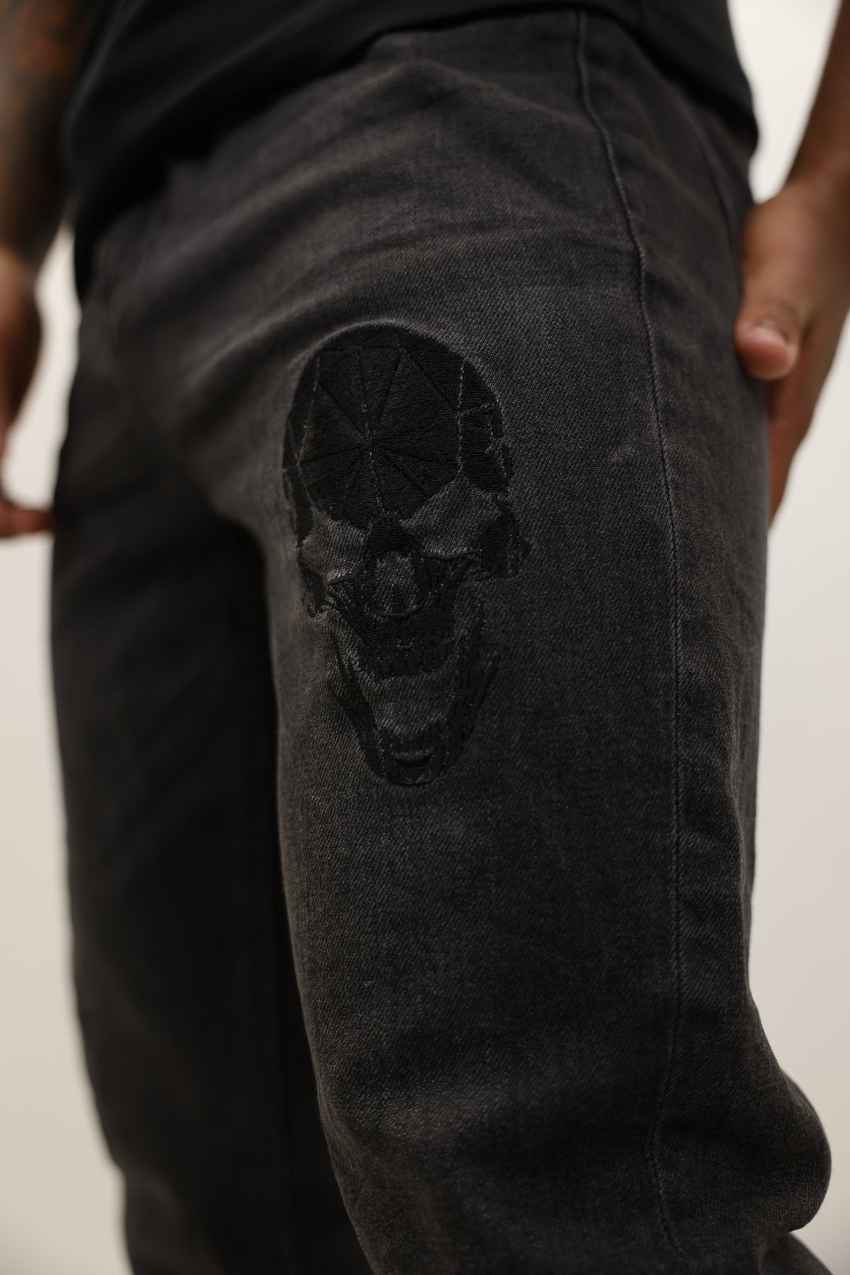 Embroidered Skull Jeans - Dark Grey