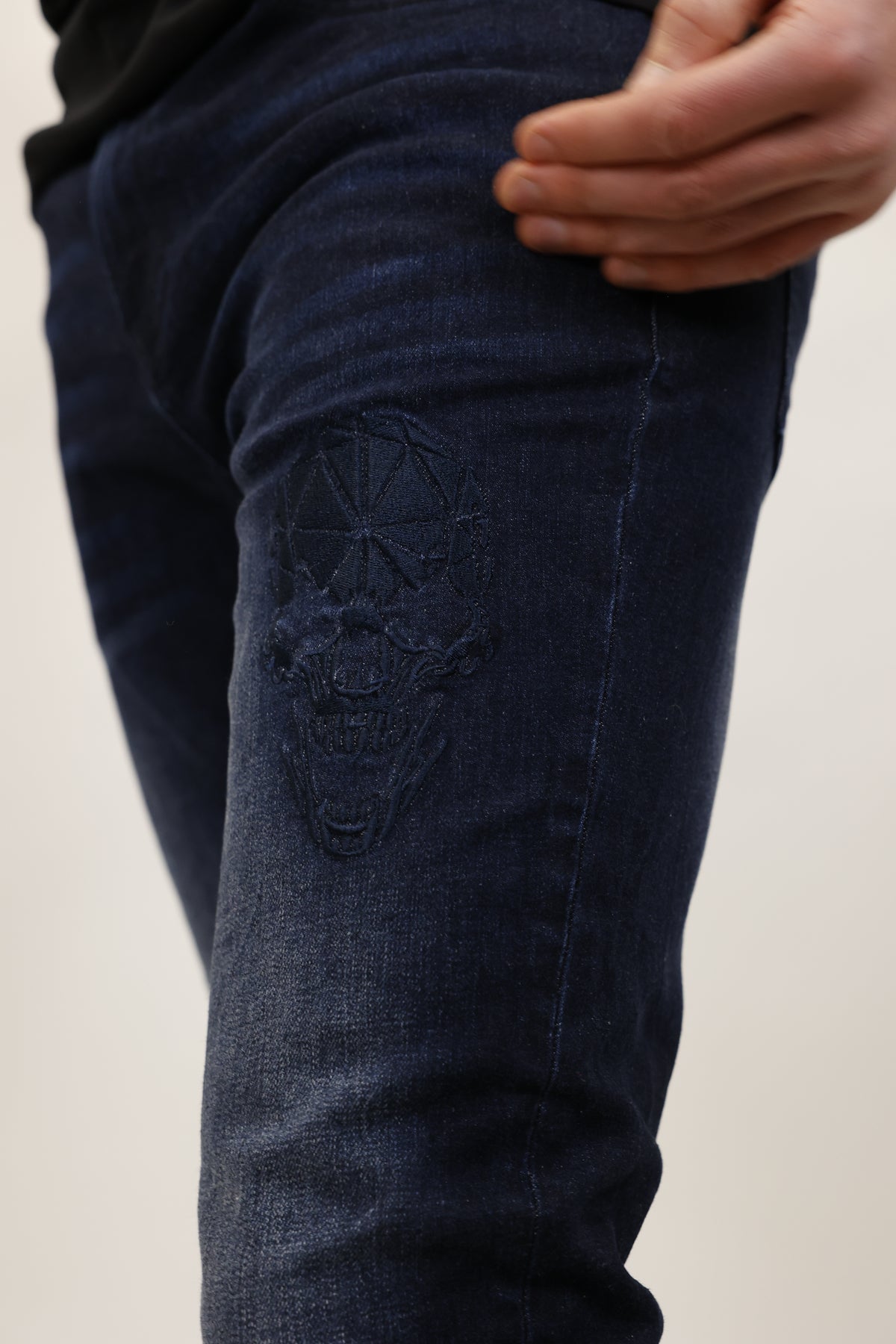 Embroidered Skull Jeans - Dark Blue